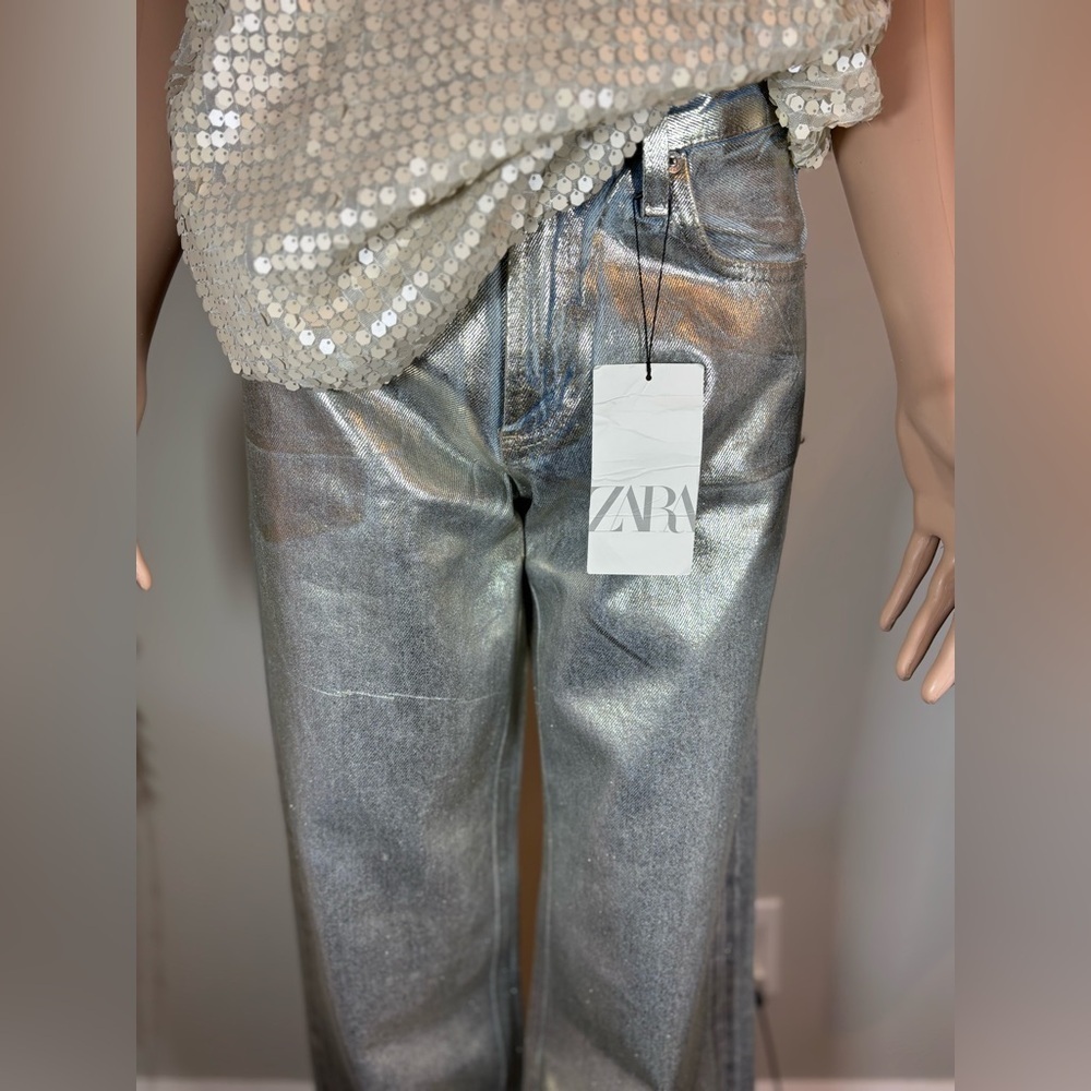 NWT ZARA MID WAIST TRF WIDE LEG FOIL WOMEN JEANS Size 4 - Picture 5 of 15